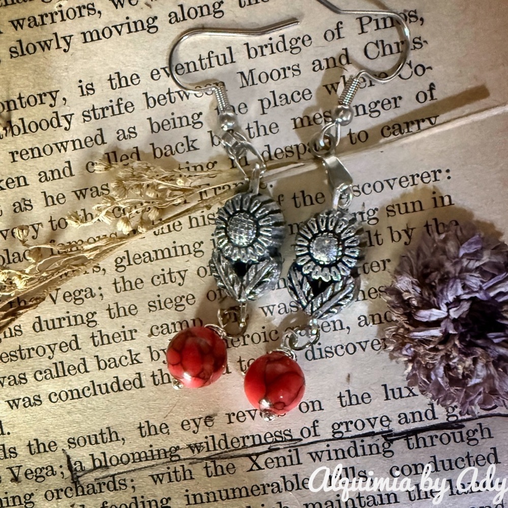Sunflower Filigree Earrings with Red turquoise + Americana